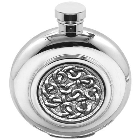 6oz Celtic Round Piper Pewter Hip Flask