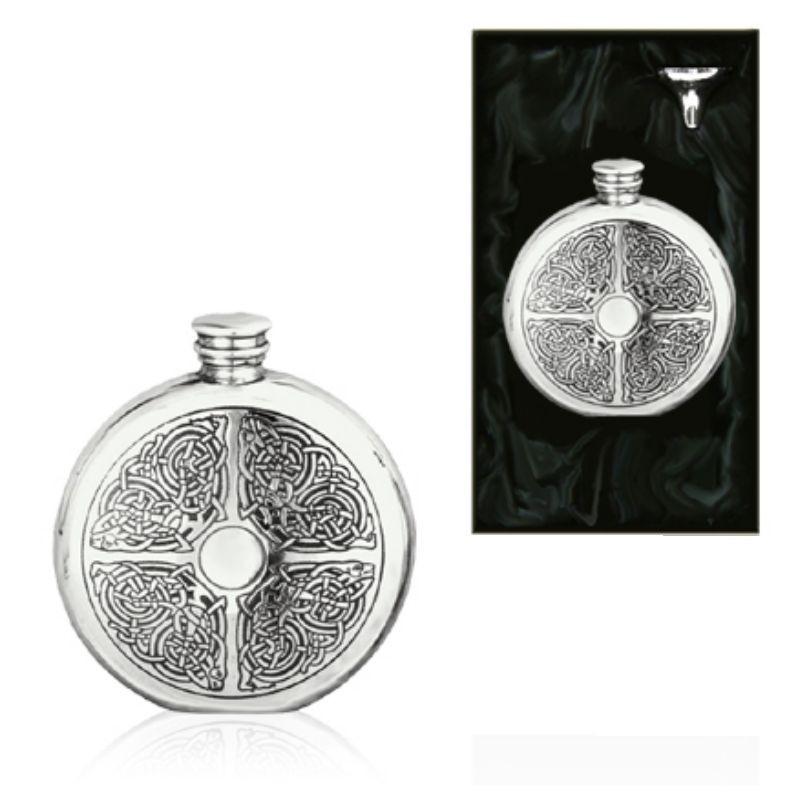 6oz Celtic Round Piper Pewter Hip Flask