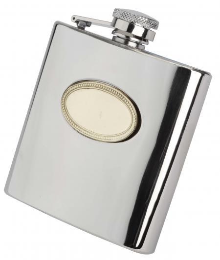6oz English Pewter Hip Flask with Gold Badge