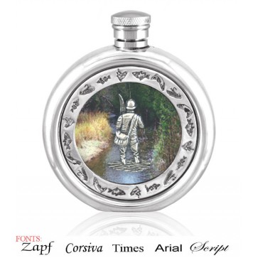 Personalised 6oz English Pewter Fly Fisherman Picture Hip Flask Perfume Sample