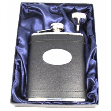 Personalised 6oz Stainless Steel Black Leather Hip Flask Gift Boxed Perfume Sample